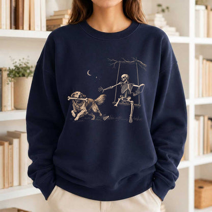 Funny Reading Book With Golden Retriever Printed Sweatshirt | Halloween Dog Lover & Reader Gift Navy