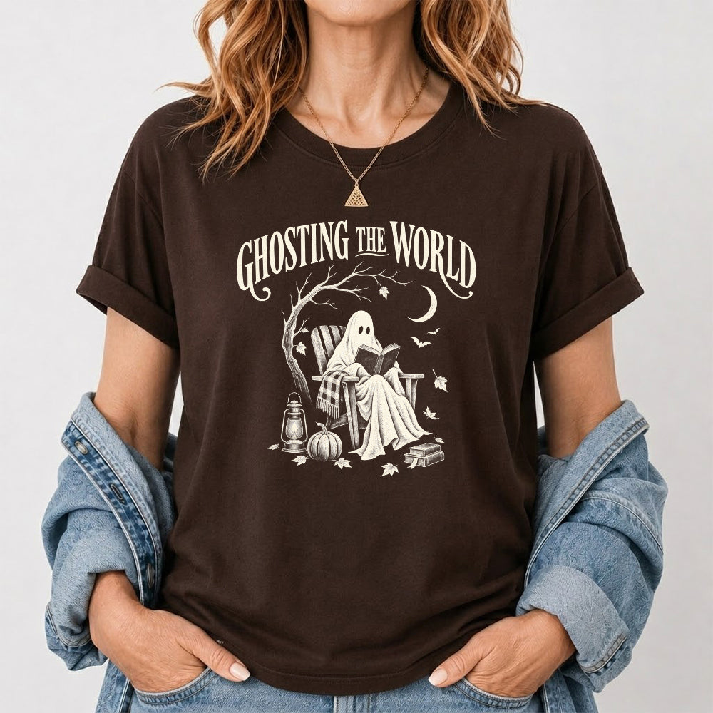 Ghosting The World Cotton T-Shirt | Halloween Book Lover Gift Dark Chocolate