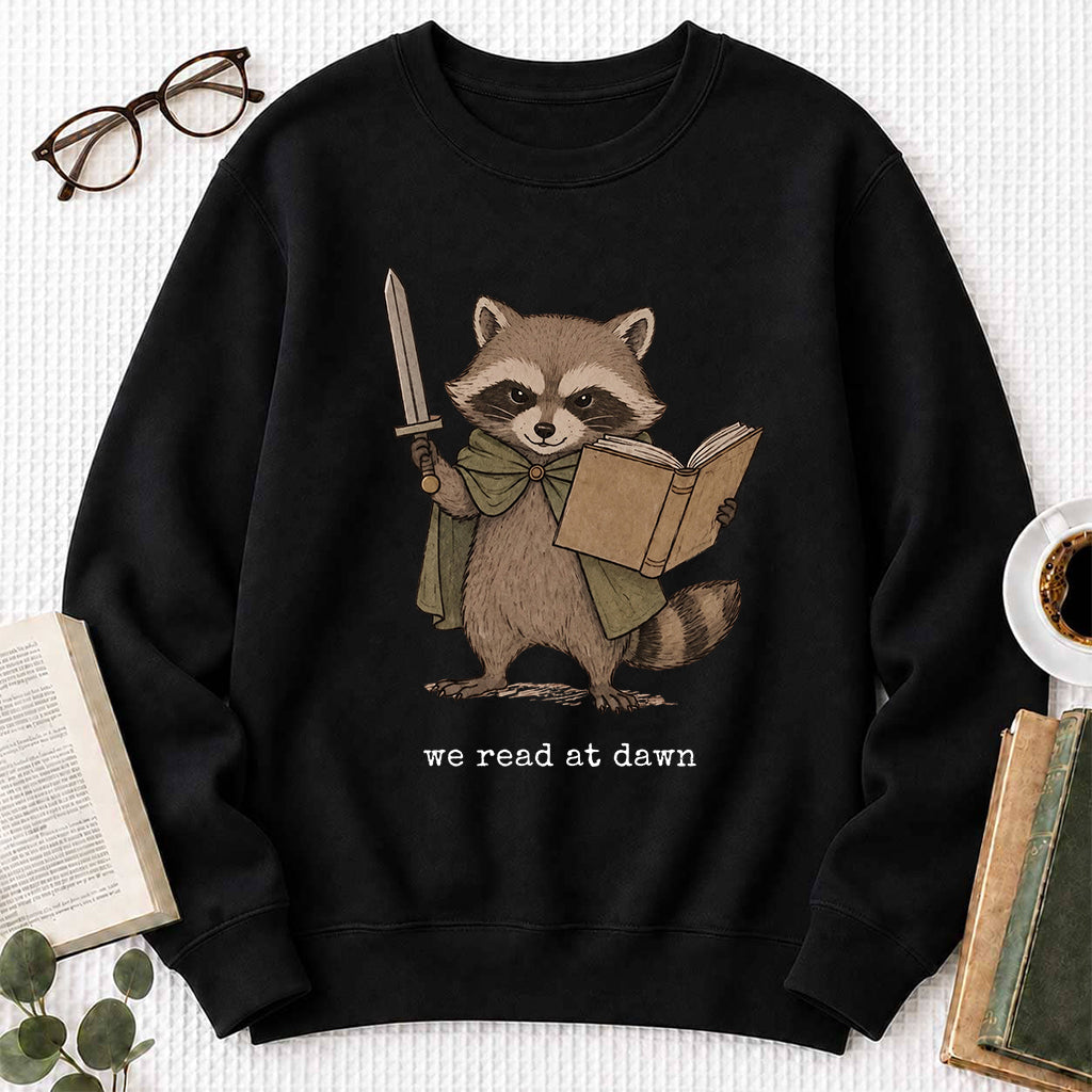 Raccoon We Read At Dawn Crewneck Sweatshirt | Reader Gift Black