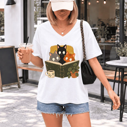 Curious Reading Cats Ultra-Soft V-Neck | Cat Lover Reader Gift White