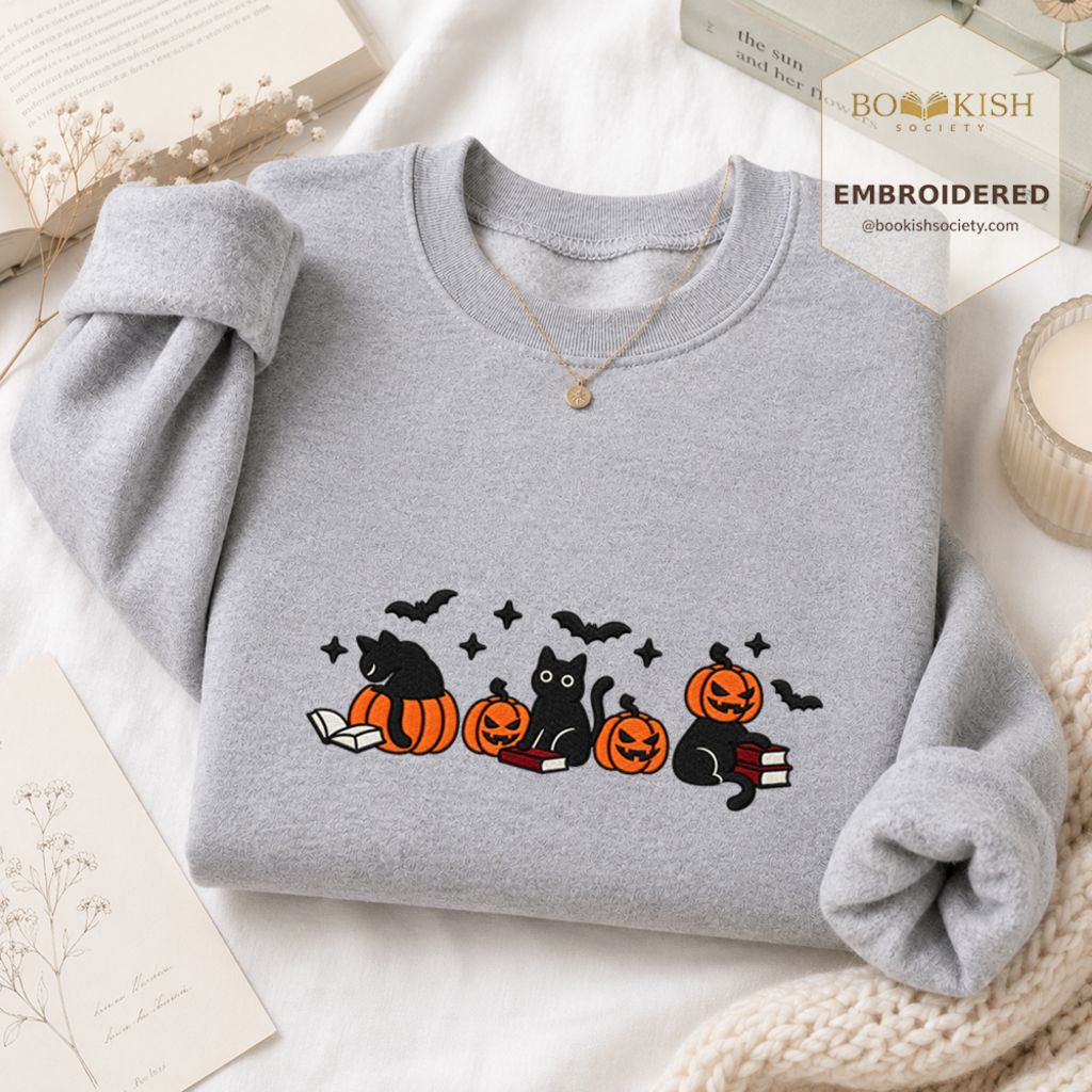 Black Cats And Halloween Embroidered Sweatshirt | Spooky Book Lover Gift Sport Grey