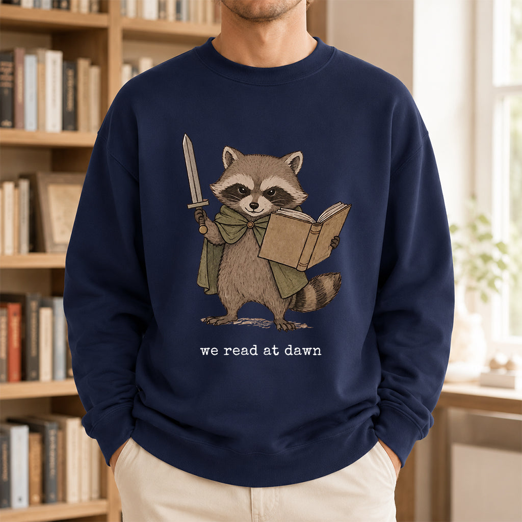 Raccoon We Read At Dawn Crewneck Sweatshirt | Reader Gift Navy