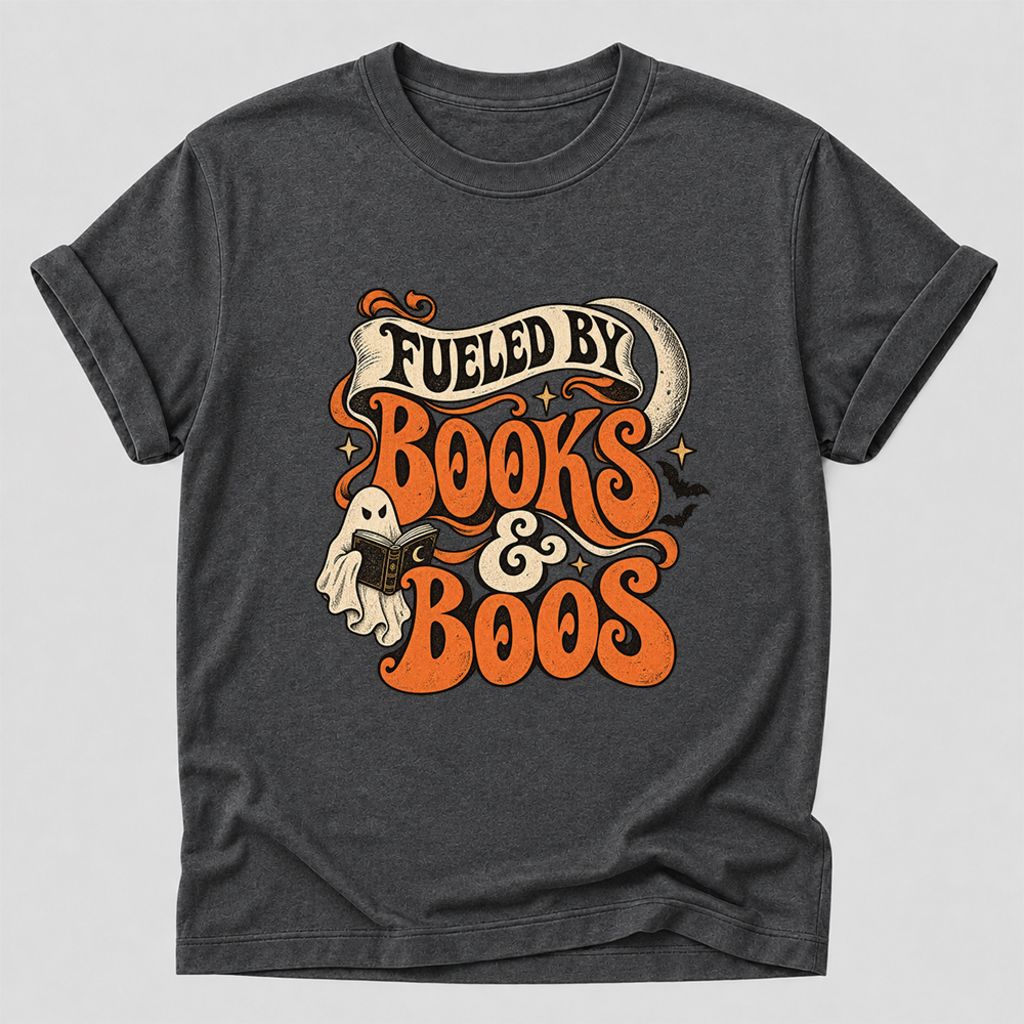 Fueled By Books & Boos Printed T-Shirt | Halloween Book Lover Gift Dark Heather