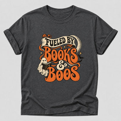 Fueled By Books & Boos Printed T-Shirt | Halloween Book Lover Gift Dark Heather