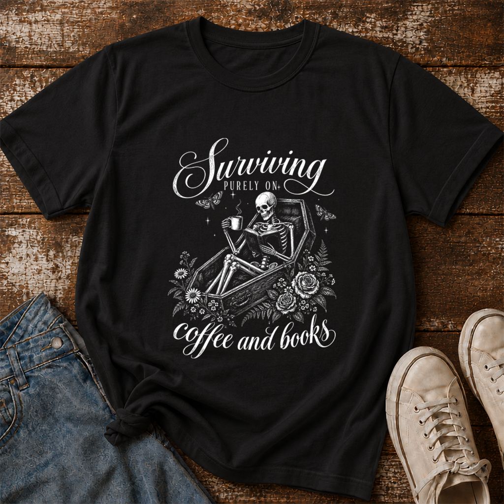Surviving Purely On Coffee And Books Printed T-Shirt | Halloween Book Lover Gift Black