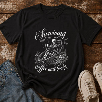 Surviving Purely On Coffee And Books Printed T-Shirt | Halloween Book Lover Gift Black
