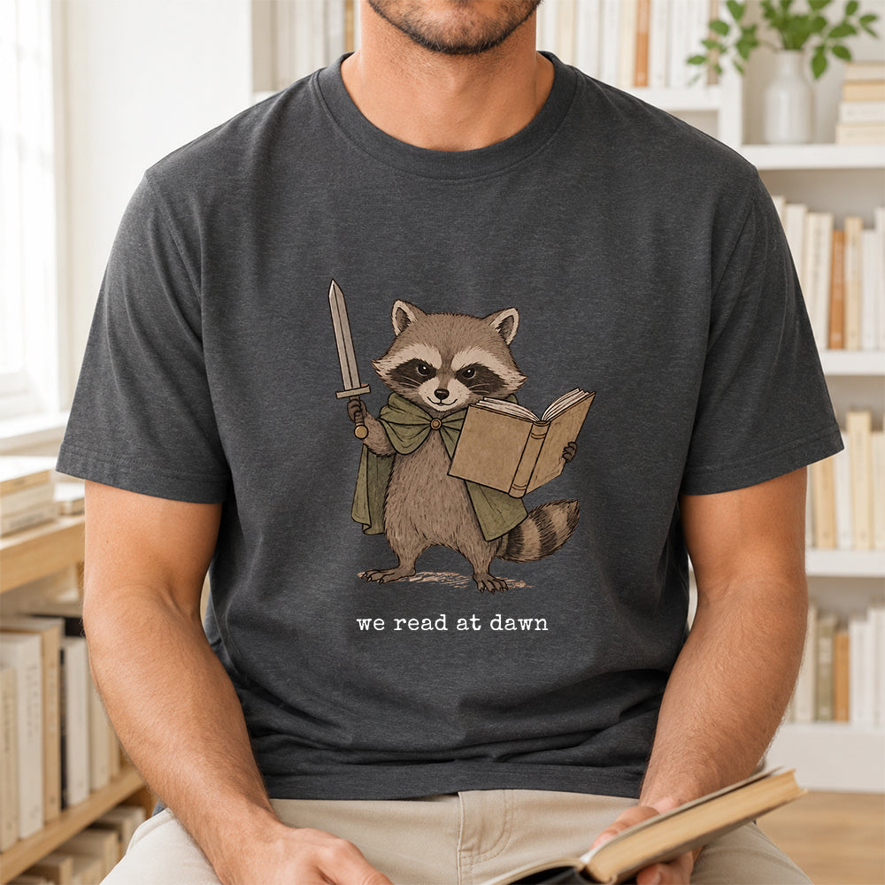 Funny Raccoon Reading Softstyle T-Shirt | Book Lover Gift Dark Heather