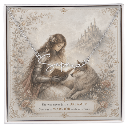 Lady Knight Reading Decorative Card And Custom Name Polished Stainless Steel Necklace With Box Book Lover Gift Font 2