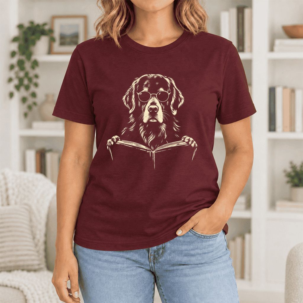 Golden Retriever Reading Book Ultra-Soft Cotton T-Shirt | Dog Mom Reader Gift Maroon