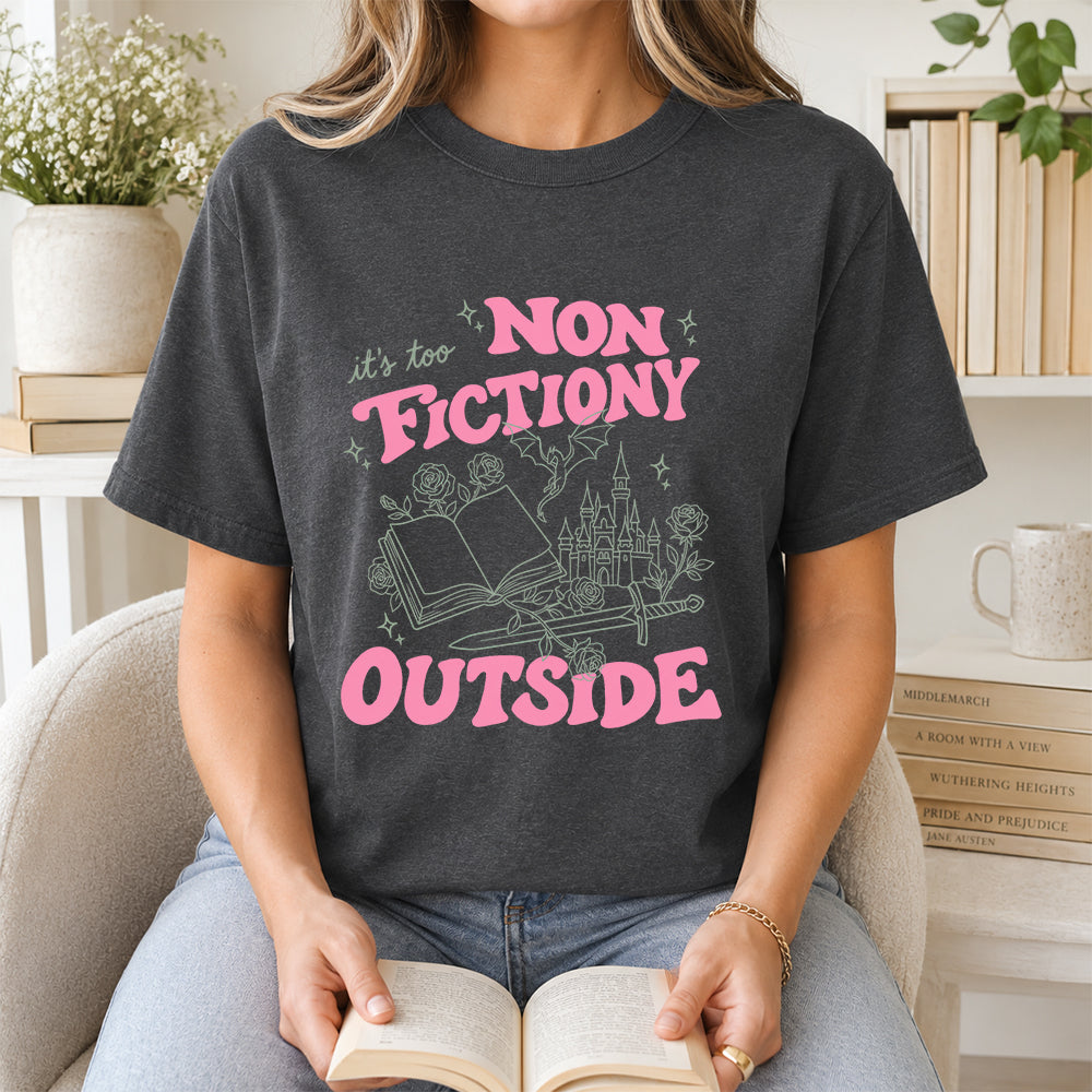 It's Too Nonfictiony Outside Cotton T-Shirt | Introvert Book Lover Gift Dark Heather