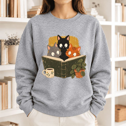 Curious Reading Cats Softstyle Sweatshirt | Cozy Book Lover Gift Sport Grey