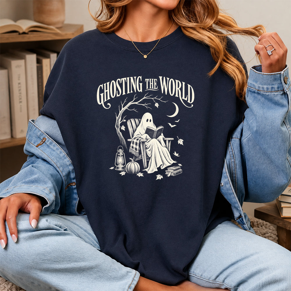 Ghosting The World Cotton T-Shirt | Halloween Book Lover Gift Navy