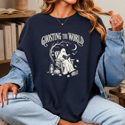 Ghosting The World Cotton T-Shirt | Halloween Book Lover Gift Navy