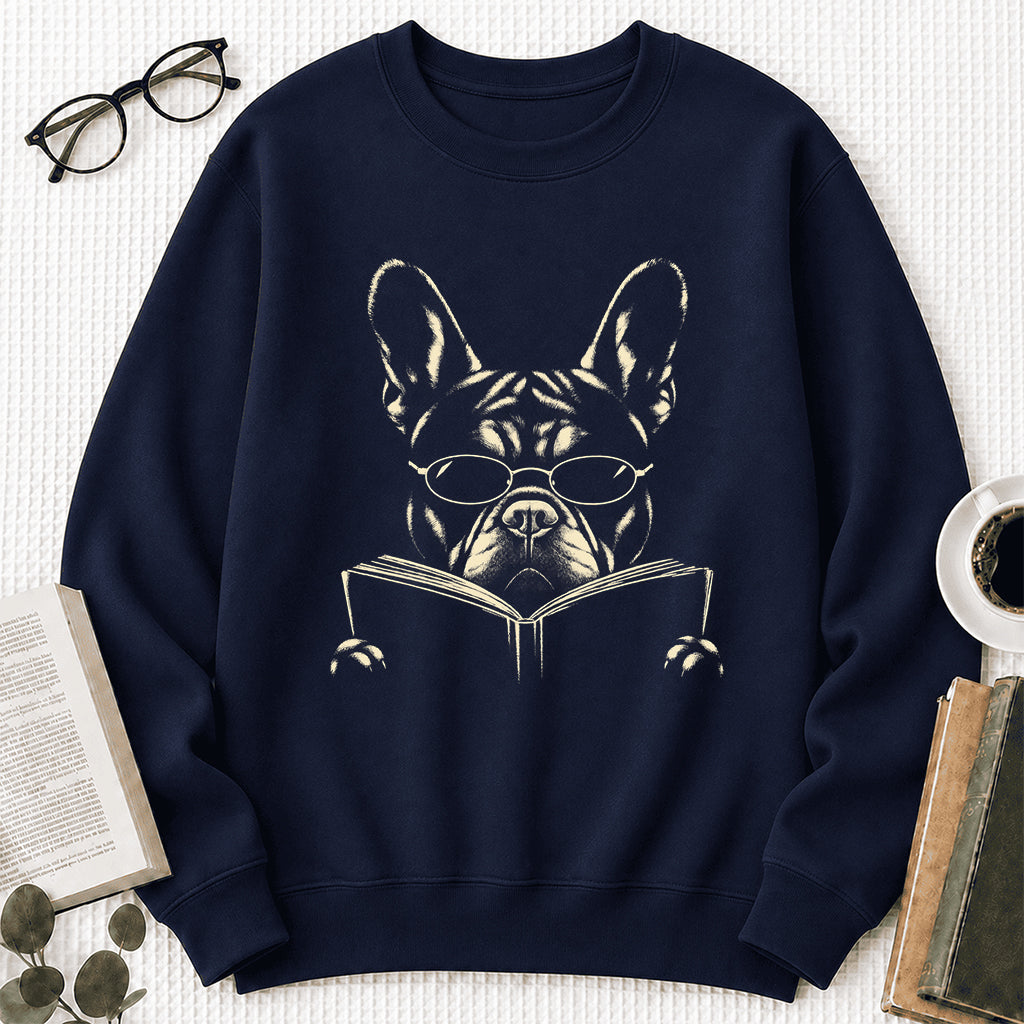 French Bulldog Reading Book Crewneck Sweatshirt | Reader Gift Navy