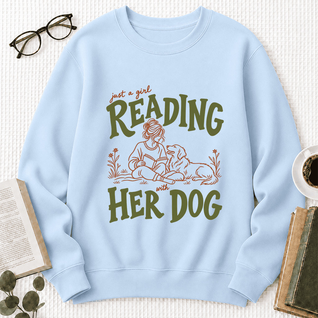 Just A Girl Reading With Her Dog Crewneck Sweatshirt | Reader Gift Light Blue