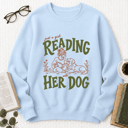 Just A Girl Reading With Her Dog Crewneck Sweatshirt | Reader Gift Light Blue