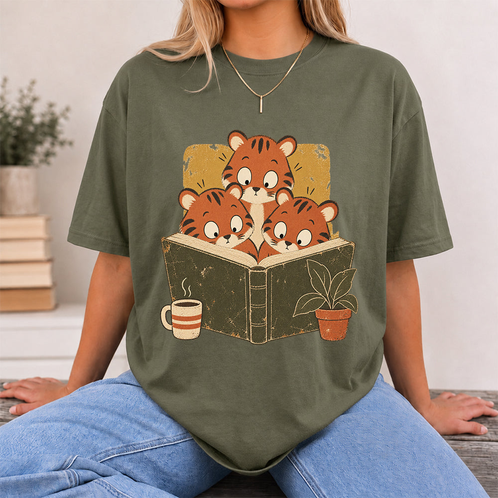 Minimal Japanese Tigers Reading Softstyle T-Shirt | Book Lover Gift Military Green