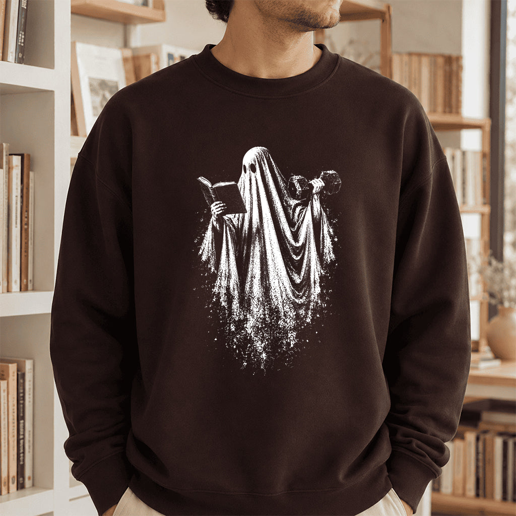 Reading Gym Ghost Printed Sweatshirt | Halloween Book Lover Gift Dark Chocolate
