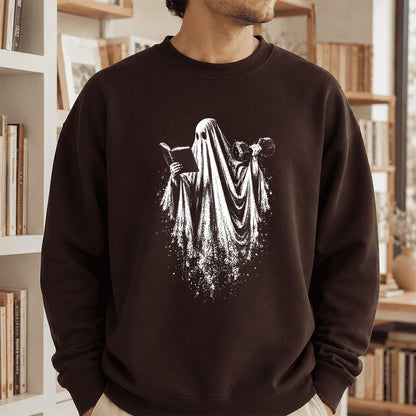 Reading Gym Ghost Printed Sweatshirt | Halloween Book Lover Gift Dark Chocolate