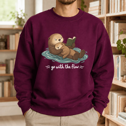 Go With The Flow Otter Reading Crewneck Sweatshirt | Reader Gift Maroon