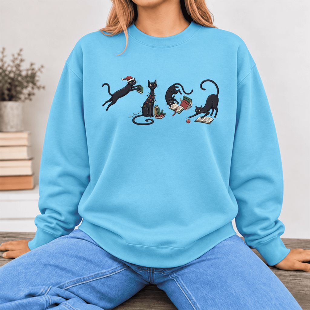 Christmas Reading Cats Softstyle Sweatshirt | Christmas Book Lover Gift Sky
