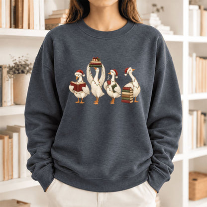 Christmas Reading Ducks Softstyle Sweatshirt | Christmas Book Lover Gift Dark Heather