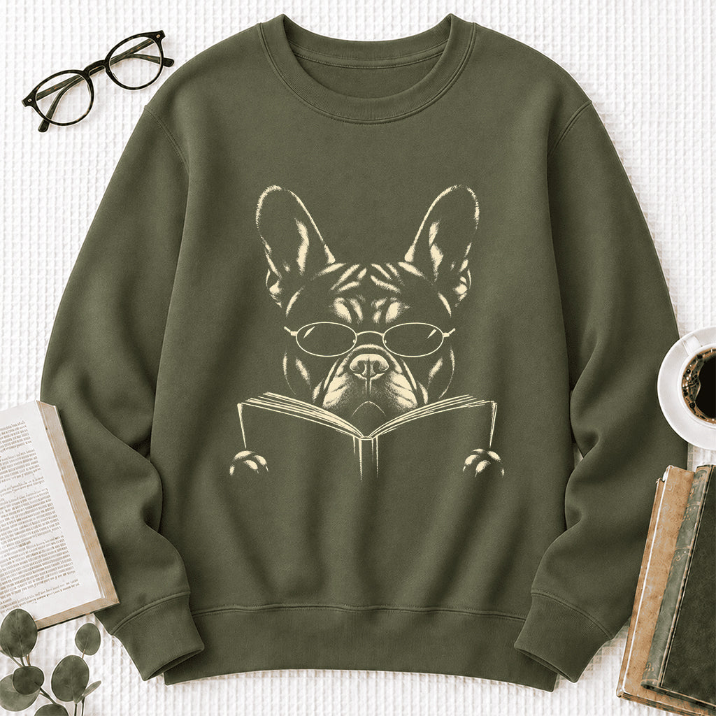 French Bulldog Reading Book Crewneck Sweatshirt | Reader Gift Military Green