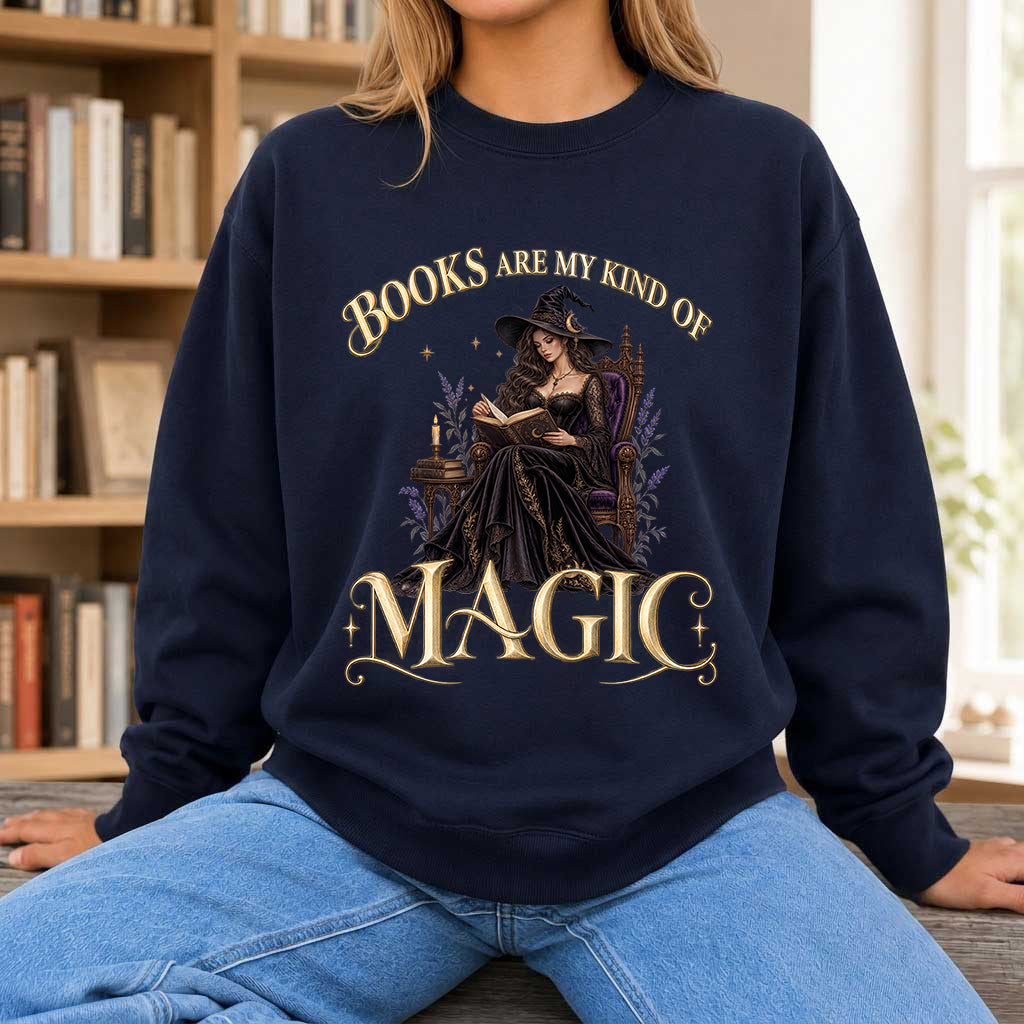 Books Are My Kind Of Magic Crewneck Sweatshirt | Halloween Literary Fantasy Book Lover Gift Navy