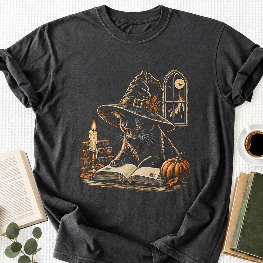 Reading Black Cat Witch Printed T-Shirt | Halloween Book Lover Gift Dark Heather
