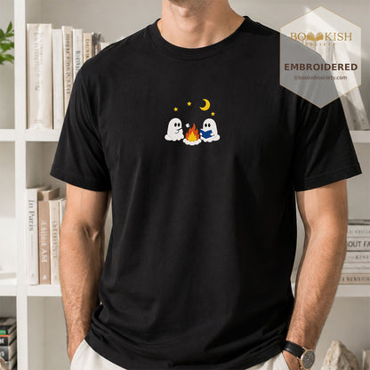 Embroidered Cute Ghost Camping Comfort Color® T-shirt Book Lover Gift Black