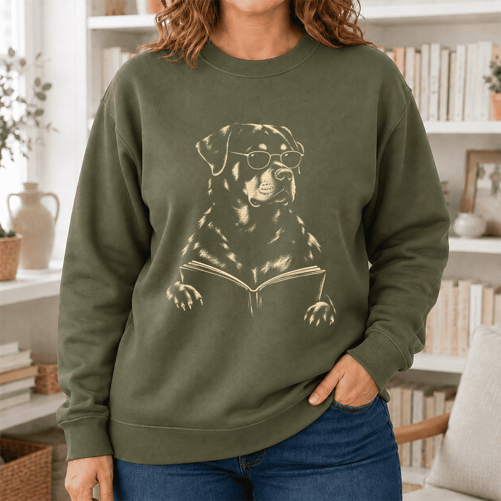 Rottweiler Reading Book Crewneck Sweatshirt | Reader Gift Military Green