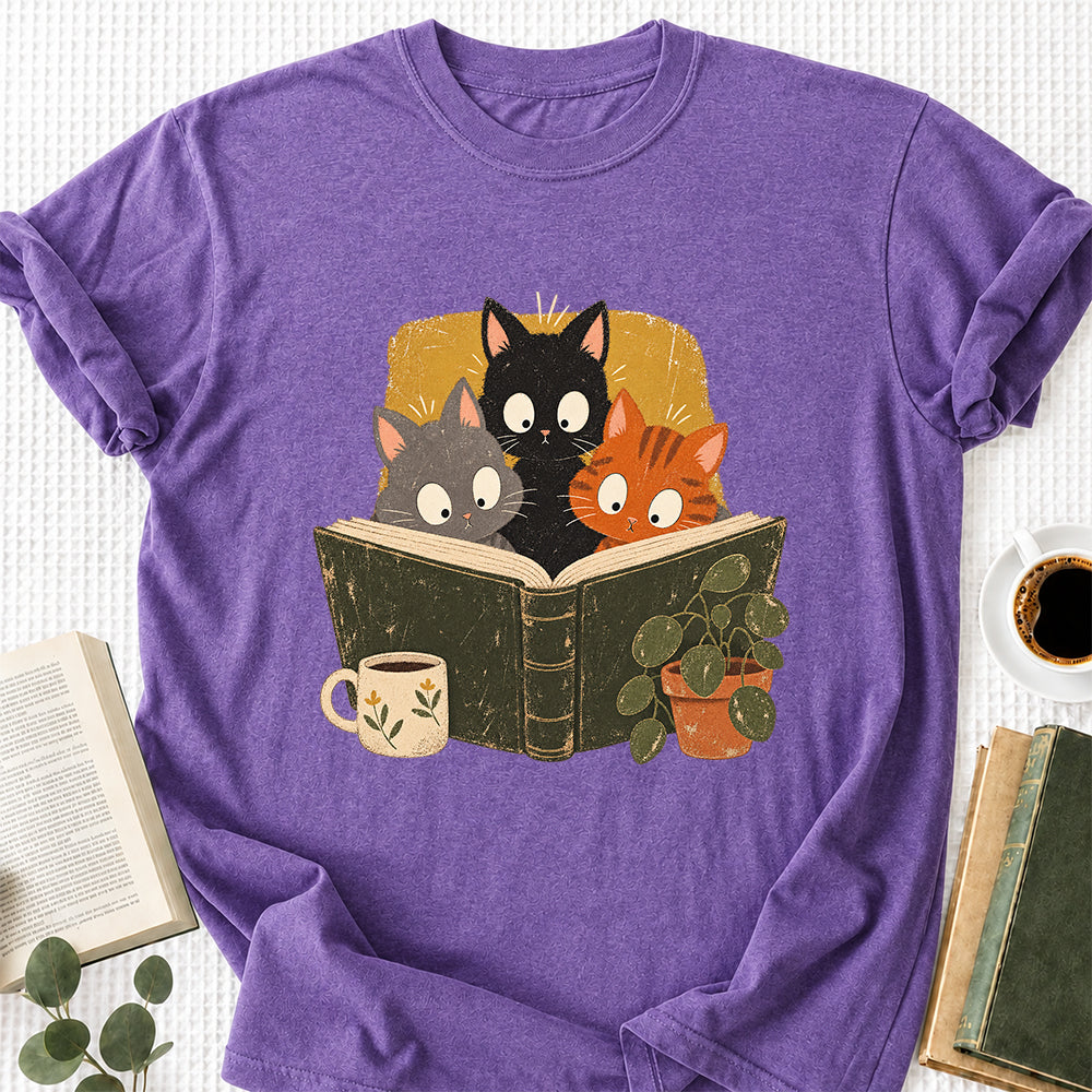 Minimal Japanese Cats Reading Softstyle T-Shirt | Book Lover Gift Heather Purple
