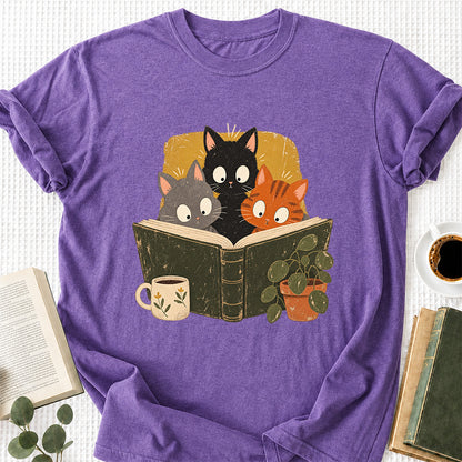 Minimal Japanese Cats Reading Softstyle T-Shirt | Book Lover Gift Heather Purple