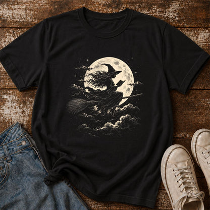 Reading Witch On The Flying Broom Printed T-Shirt | Halloween Book Lover Gift Black