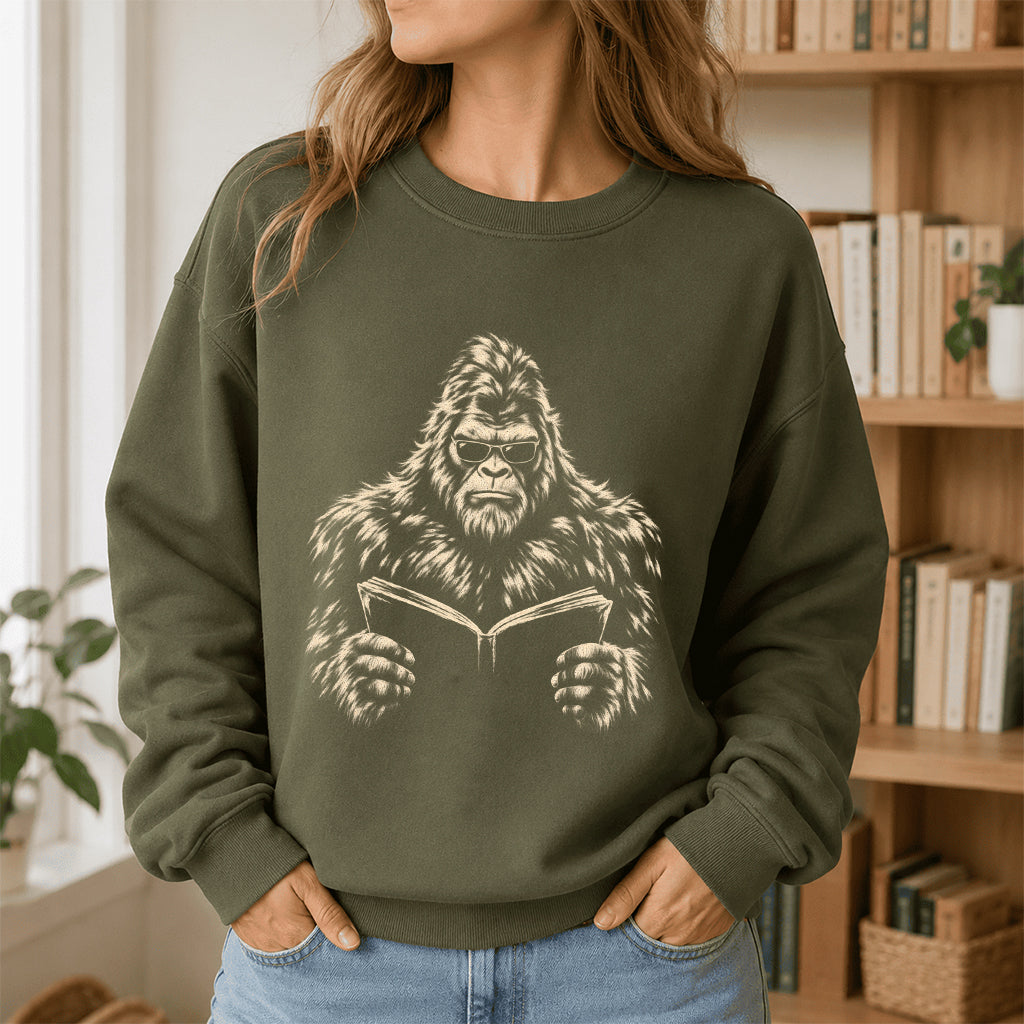 Big Foot Reading Book Crewneck Sweatshirt | Reader Gift Military Green