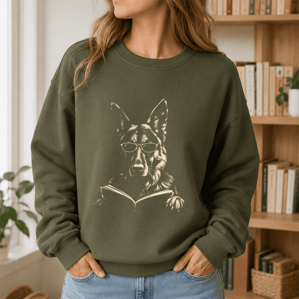 German Shepherd Reading Book Crewneck Sweatshirt | Reader Gift Military Green
