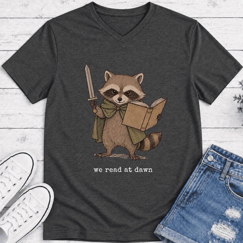 We Read At Dawn Funny Racoon Ultra-Soft V-Neck | Cozy Book Lover Gift Dark Grey Heather