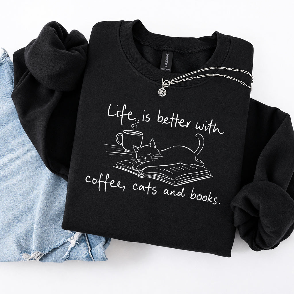 Funny Cats and Books Crewneck Sweatshirt | Reader Gift Black