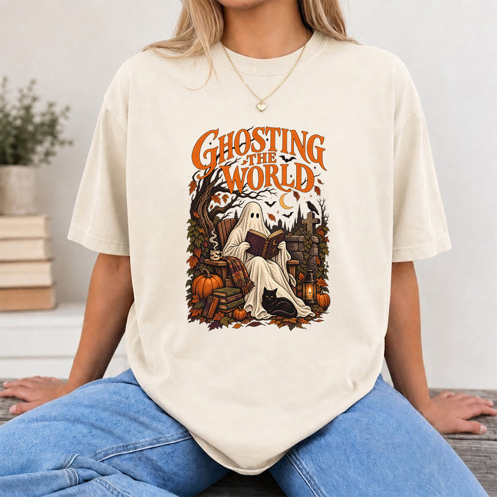 Ghosting The World Cotton T-Shirt | Halloween Book Lover Gift Natural