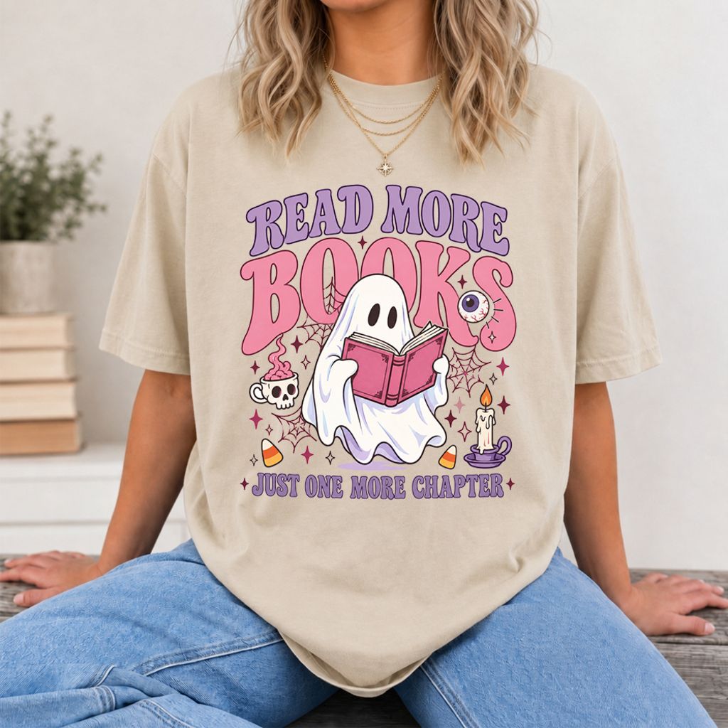 Read More Books Ghost Printed T-Shirt | Halloween Book Lover Gift Sand