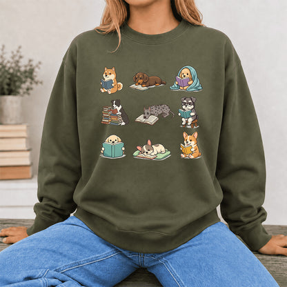 Funny Dogs Reading Crewneck Sweatshirt | Reader Gift Military Green