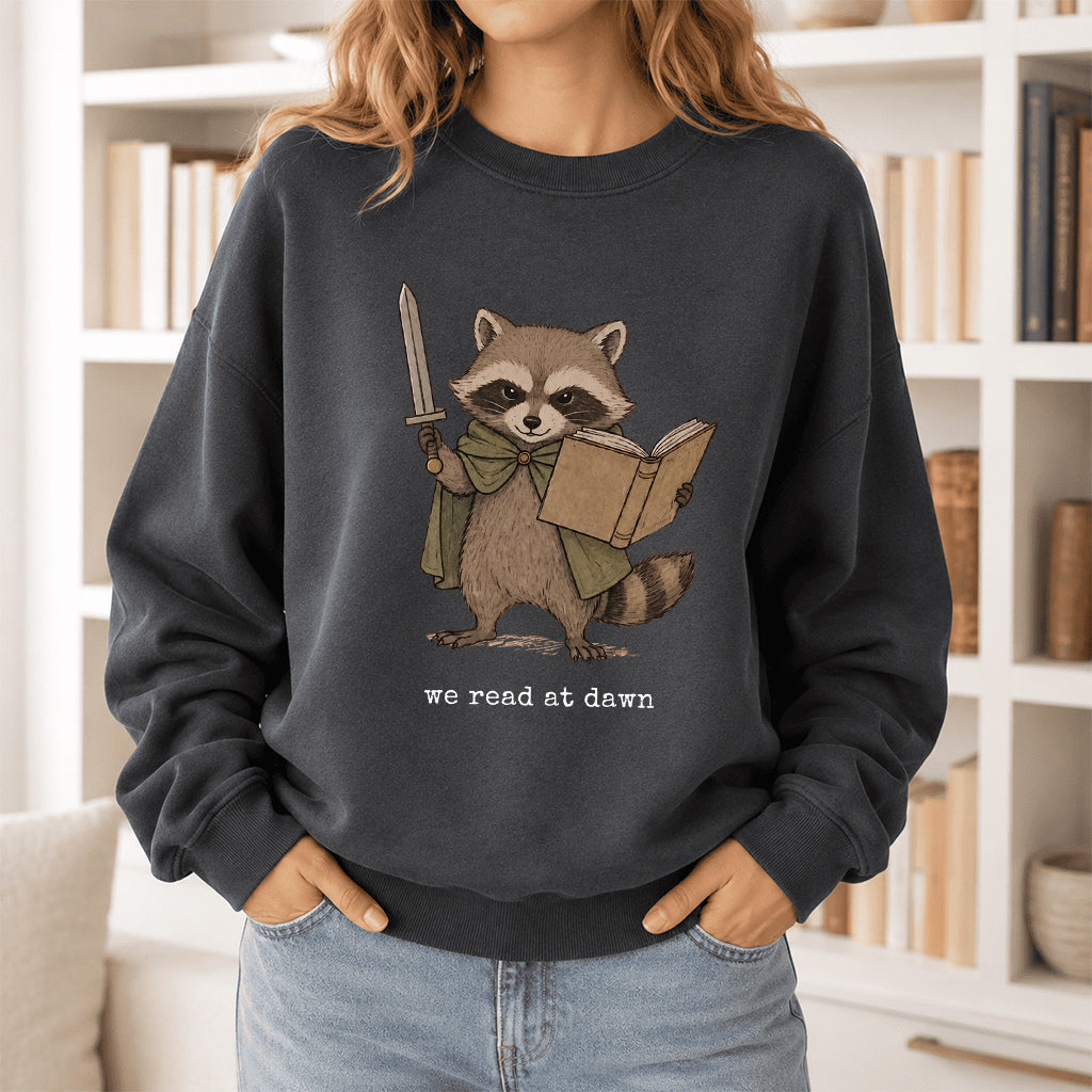 Raccoon We Read At Dawn Crewneck Sweatshirt | Reader Gift Dark Heather