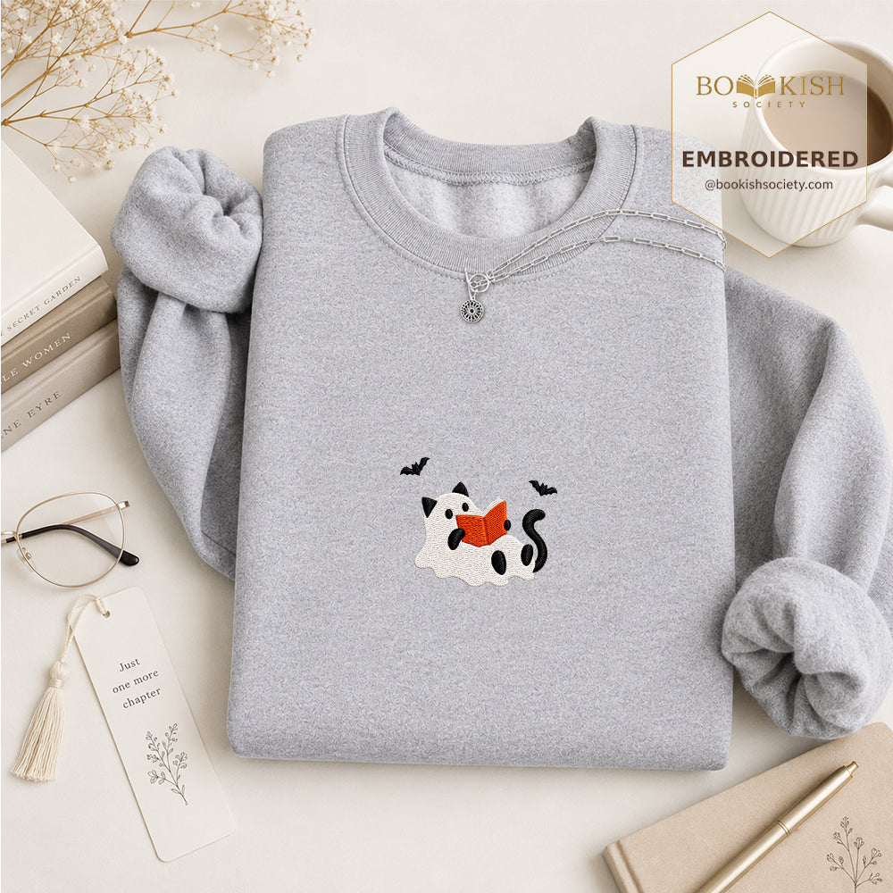 Reading Ghost Cat Embroidered Sweatshirt | Spooky Halloween Reader Gift Sport Grey