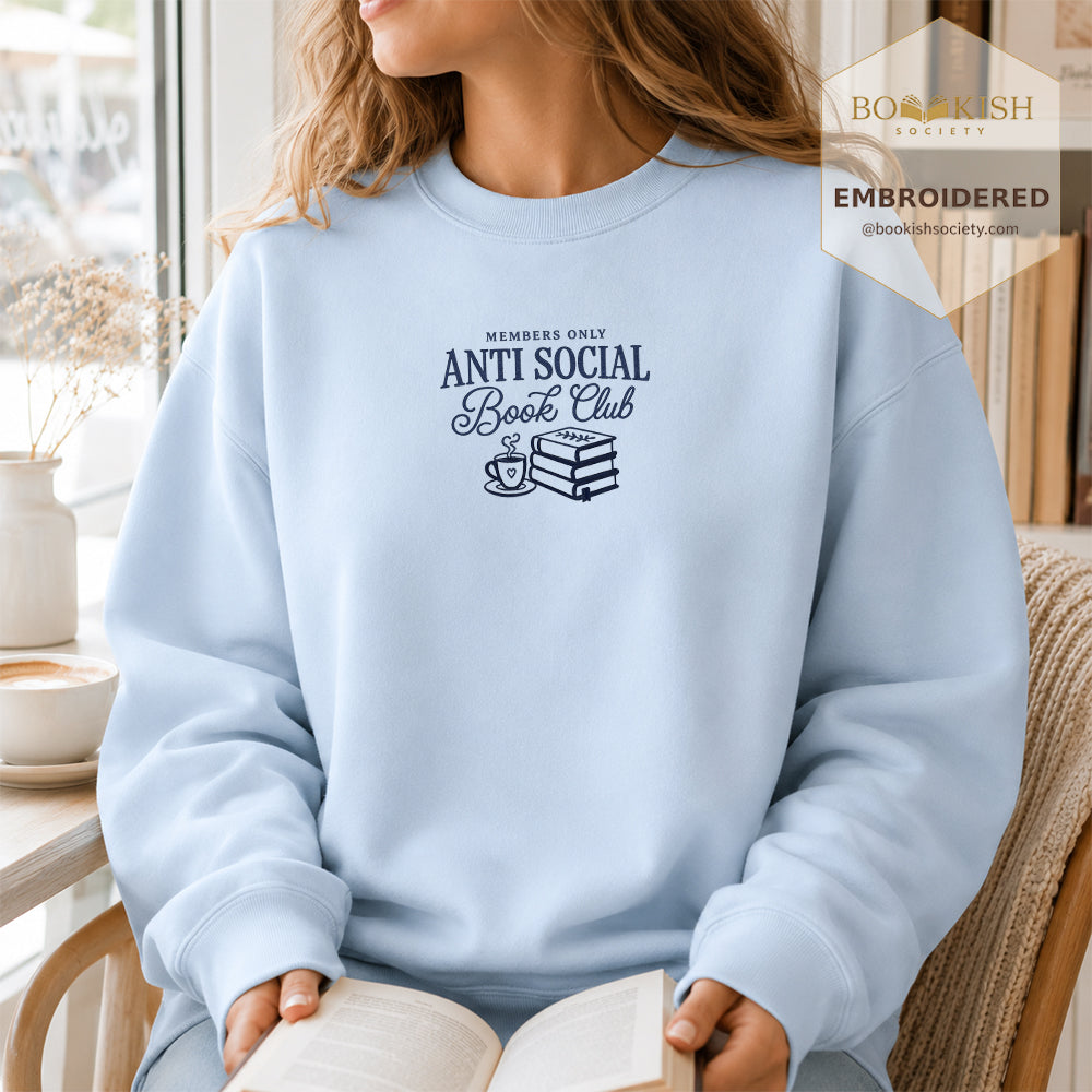 Anti-Social Book Club Embroidered Sweatshirt | Reader Gift Light Blue