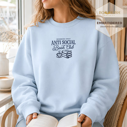 Anti-Social Book Club Embroidered Sweatshirt | Reader Gift Light Blue