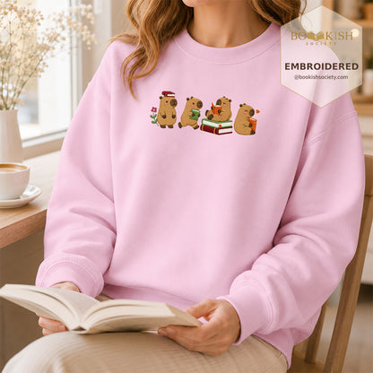 Reading Capybaras Embroidered Sweatshirt | Reader Gift Light Pink