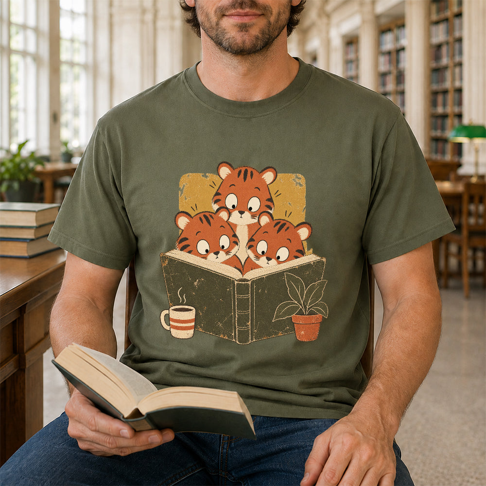 Minimal Japanese Tigers Reading Softstyle T-Shirt | Book Lover Gift Military Green