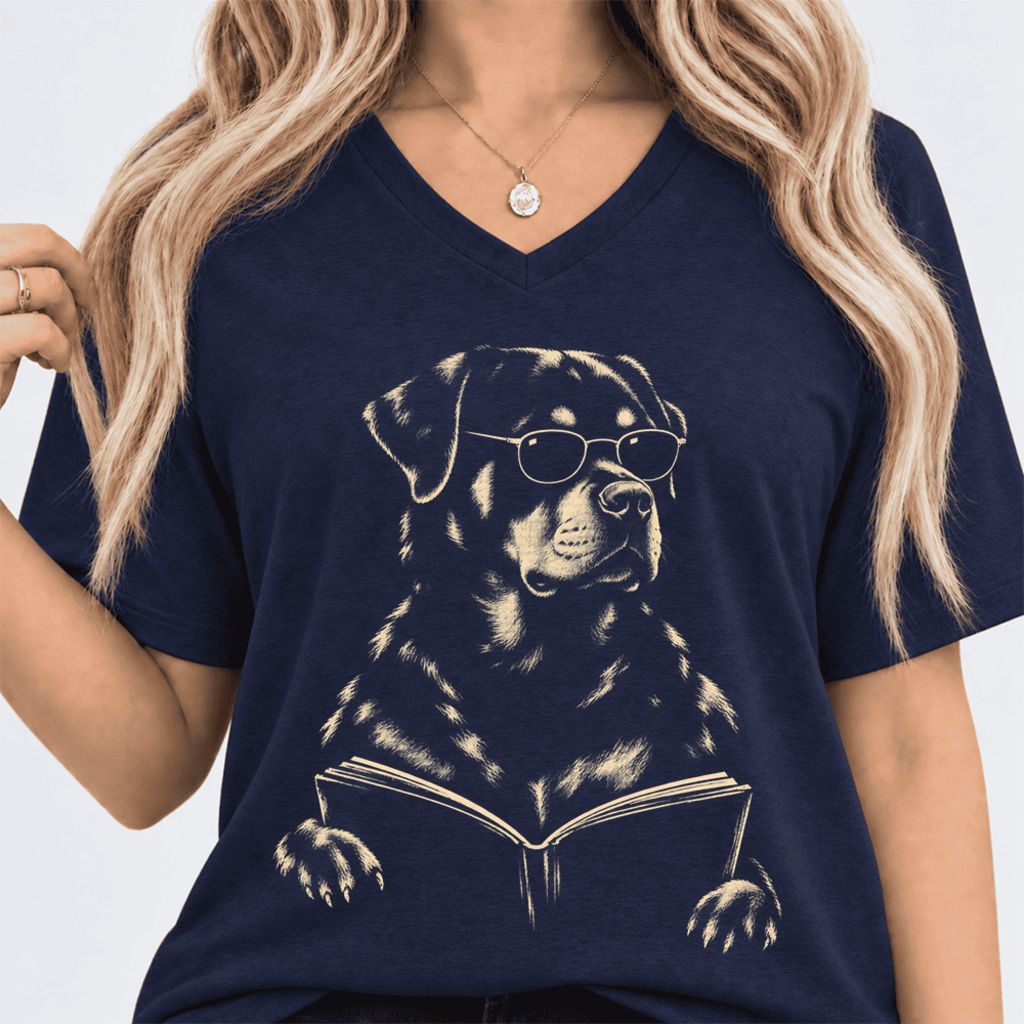 Rottweiler Reading Book Ultra-Soft V-Neck | Dog Mom Reader Gift Navy