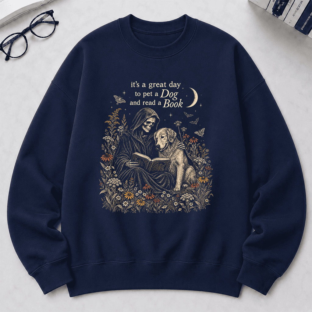It's A Great Day To Pet A Dog And Read A Book Crewneck Sweatshirt | Gift Navy