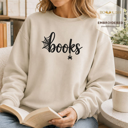 Halloween Books Embroidered Sweatshirt | Spooky Book Lover Gift Sand